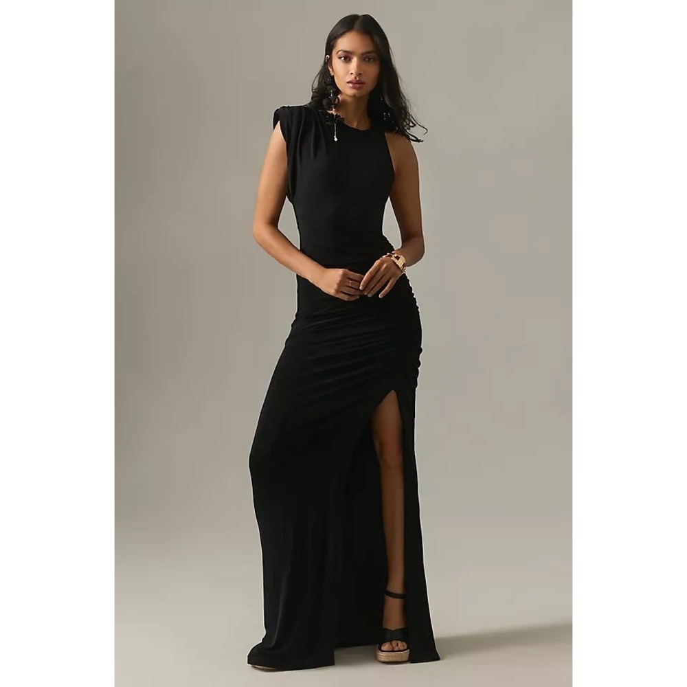 Misha Chantria Slinky Gown Black Asymmetrical Ruched Maxi Dress Small EU 36